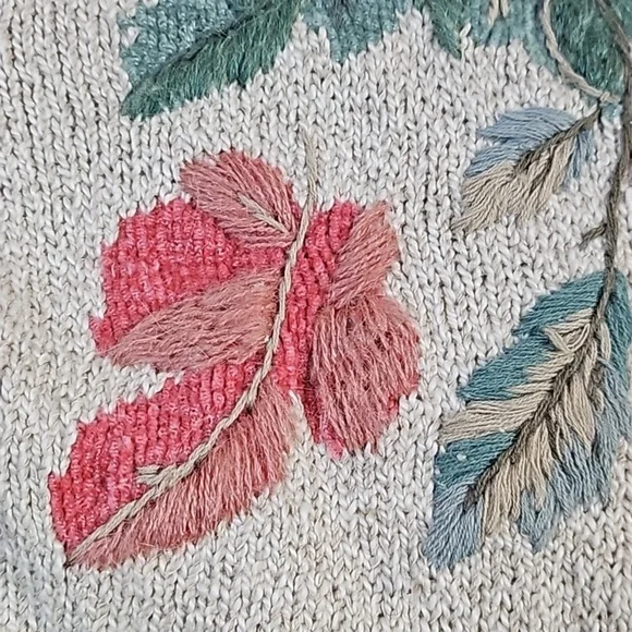 VTG Monterey by Koret Linen Cotton Knit Cream Cardigan w Embroidered Leaf Motif - Picture 6 of 16